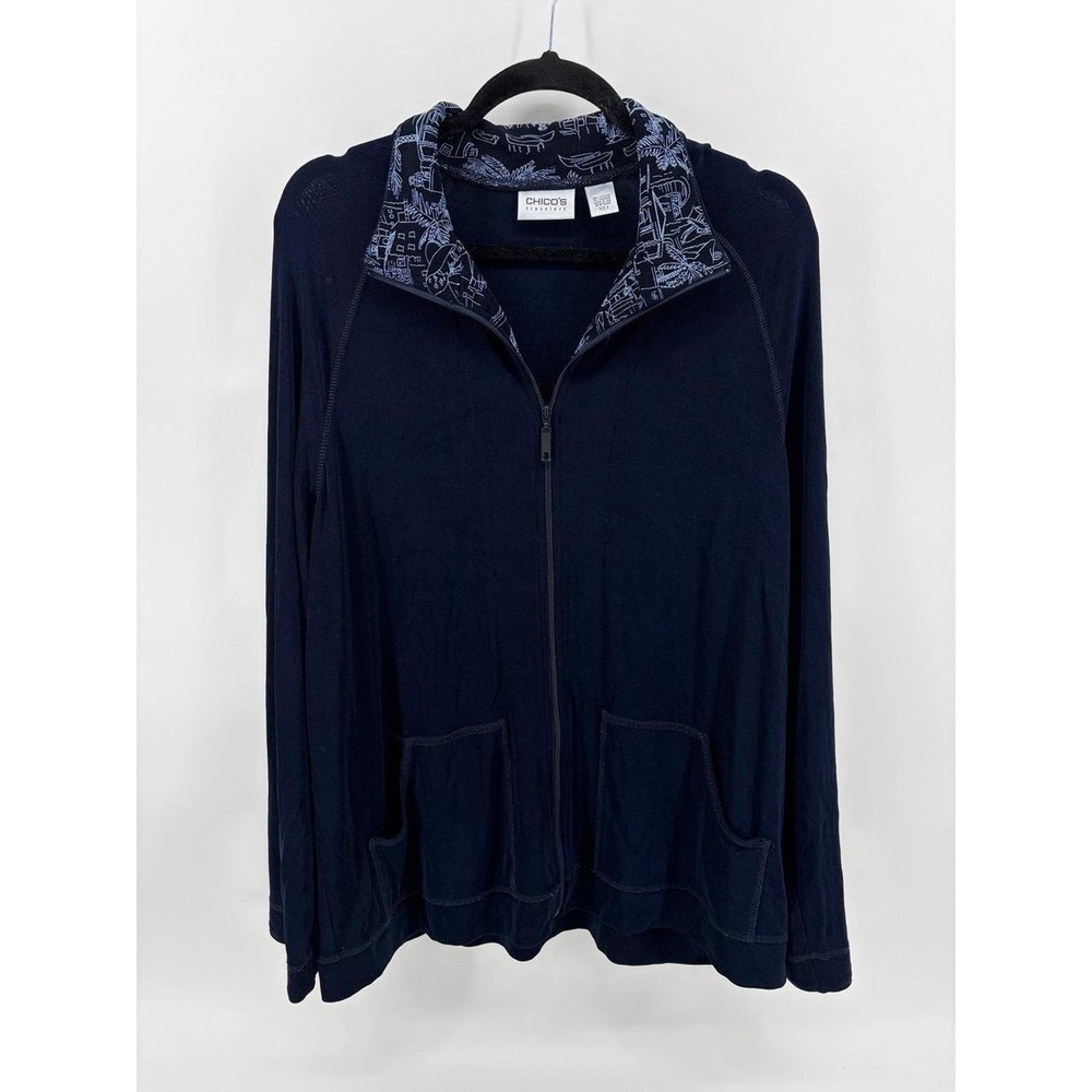 Chico's Travelers, Navy Blue Embossed Trim Pockets, Slinky Feel Jacket, 3 (XL)